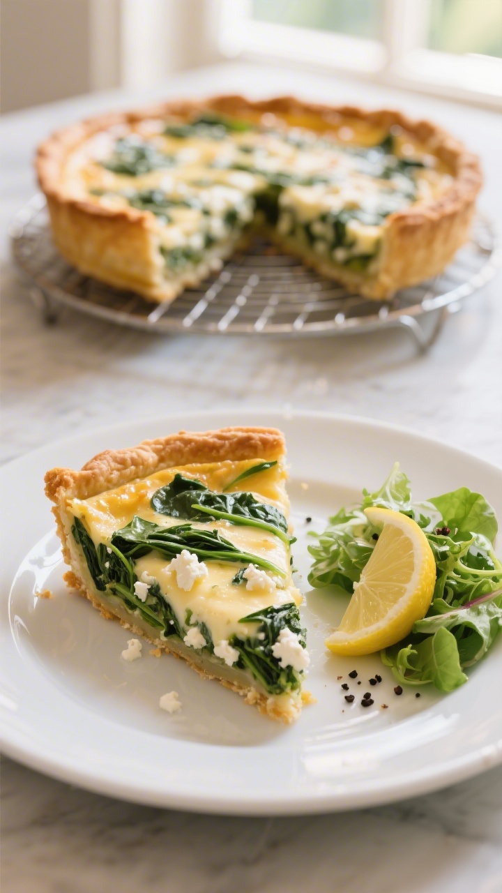 Final plated dish: Beautifully sliced wedge of Spinach and Feta Quiche on a white ceramic plate, cre