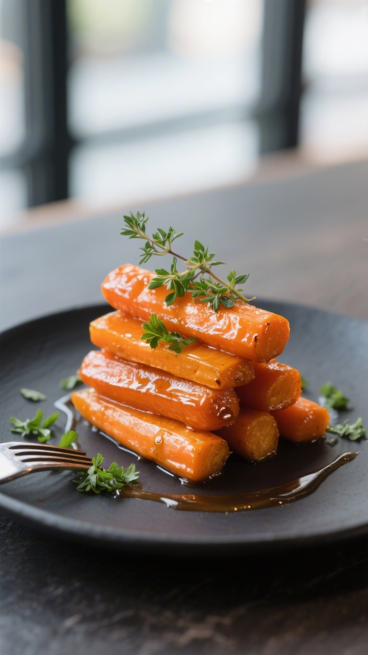 Final plated dish beauty: Restaurant-quality presentation of honey glazed carrot batons stacked neat