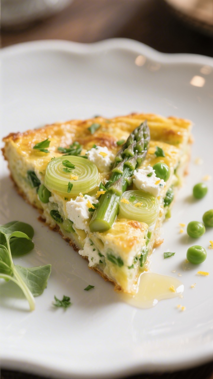 Final plated dish: Close-up of a sliced wedge of spring vegetable frittata on a white ceramic plate,