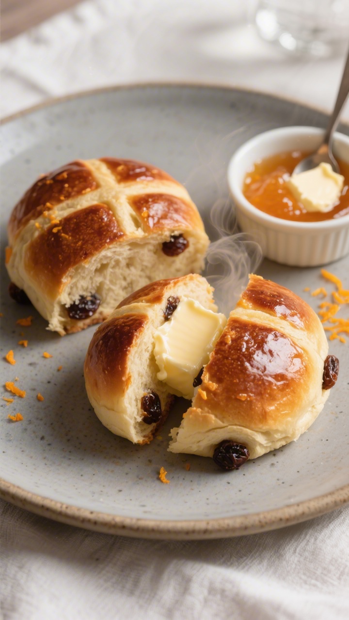 Final plated dish: Restaurant-quality presentation of two split hot cross buns toasted and served wa