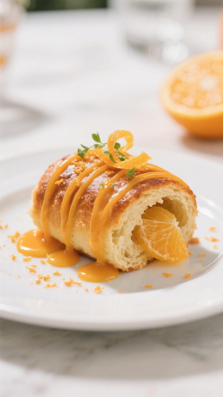 Final plated dish: Restaurant-quality presentation of one Orange Glazed Sweet Roll on a matte white 