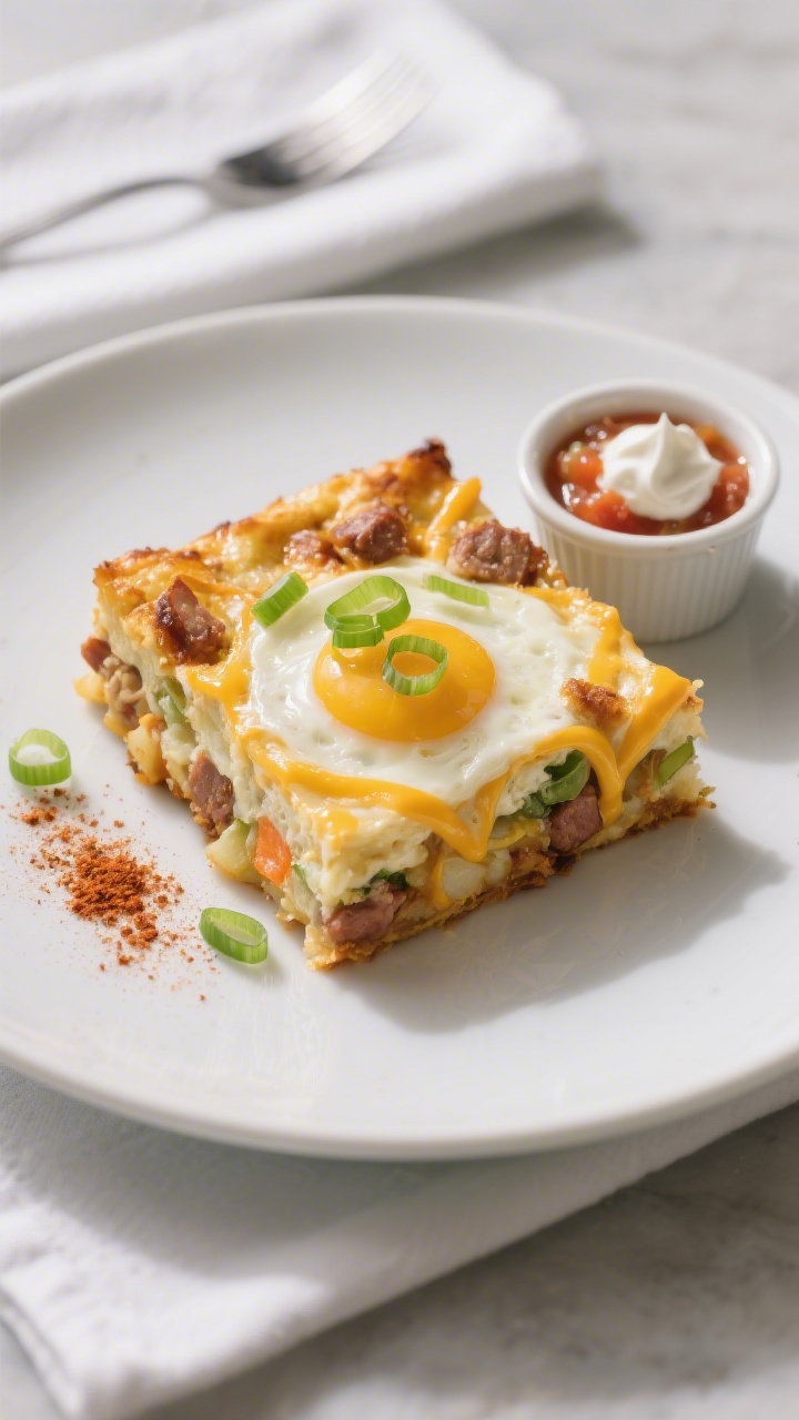 Final plated dish: Restaurant-quality presentation of a neatly sliced square of hash brown breakfast