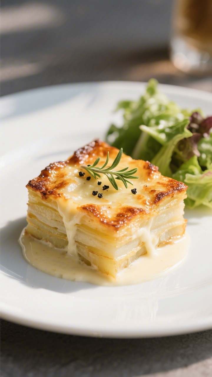 Final plated dish: Restaurant-quality presentation of a square-cut portion of scalloped potatoes wit