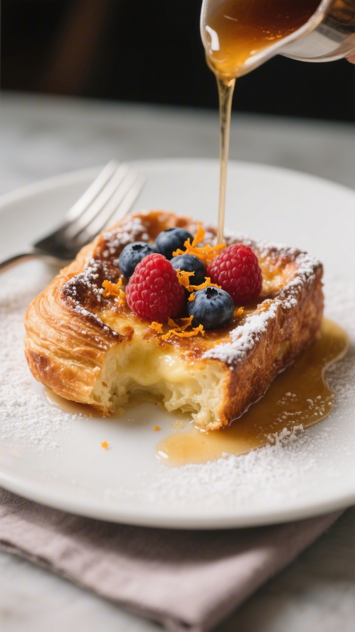 Final plated dish: Restaurant-quality slice of Croissant French Toast Bake served warm on a matte wh