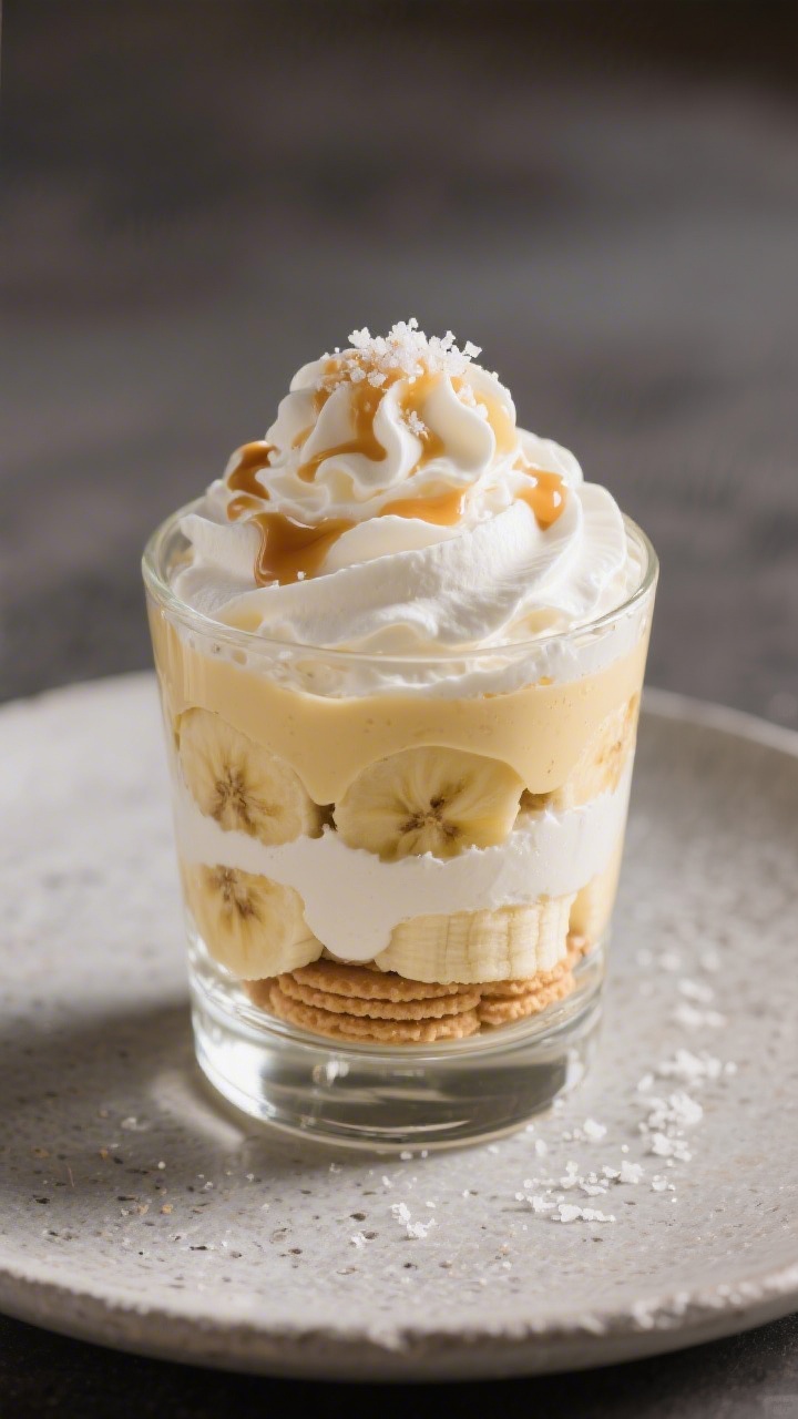Final plated elegance: A single-serving banana pudding trifle in a clear rocks glass, showing distin