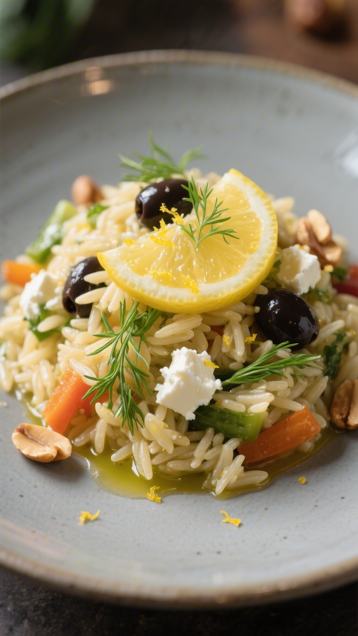 Final plated hero: Beautifully plated Lemon Orzo Salad served slightly warm, mounded on a matte cera