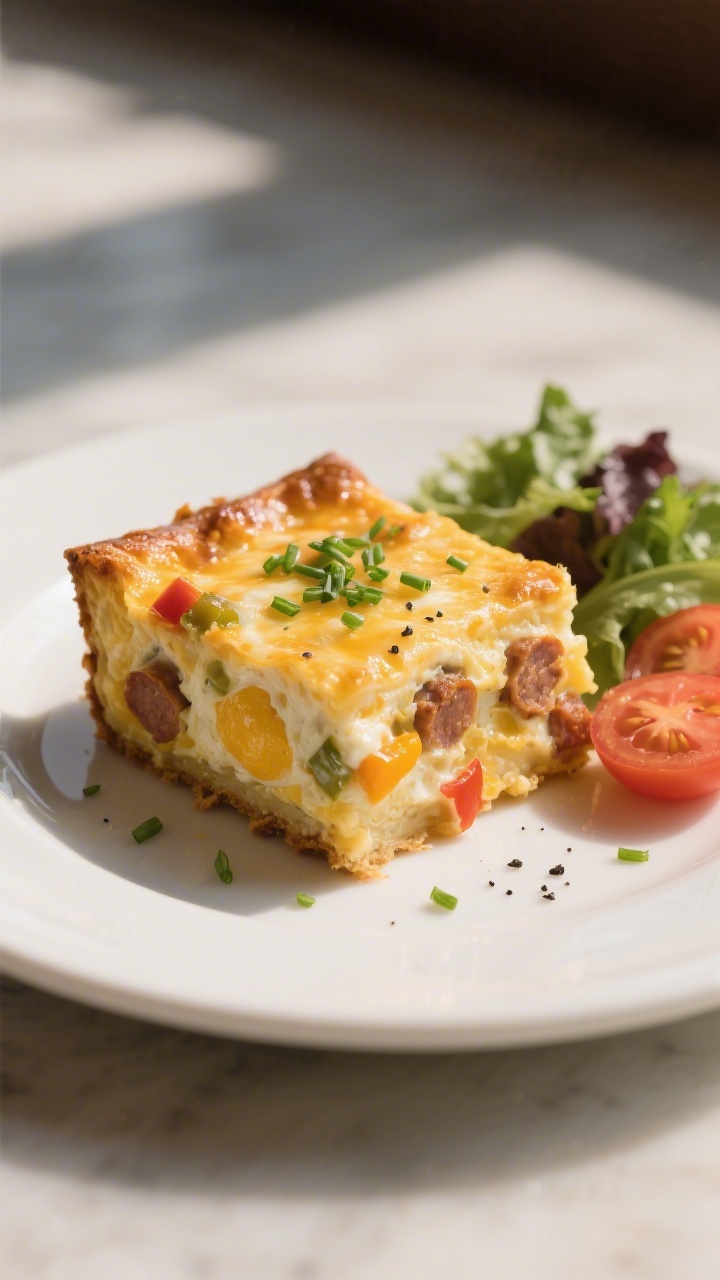 Final plated hero shot: A square slice of sausage, egg, and cheese breakfast bake with a puffed, gol