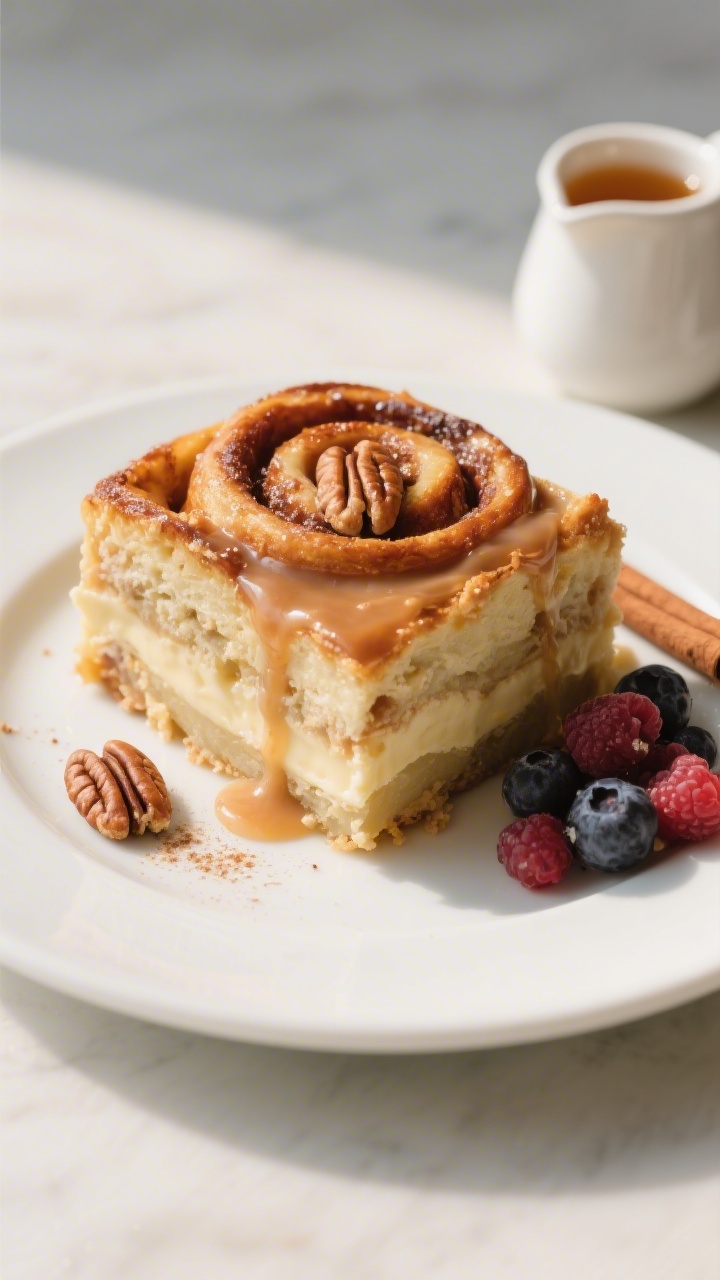 Final plated presentation: a neat square slice of cinnamon roll casserole on a matte white plate, cu