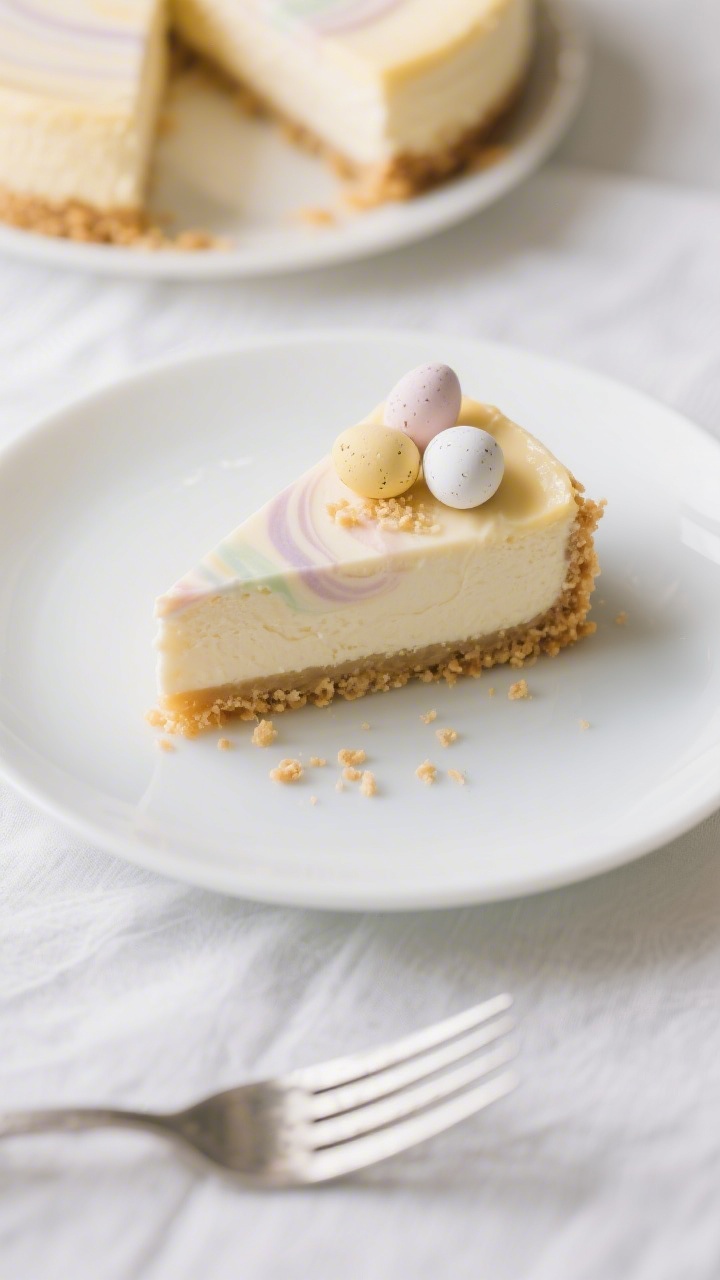 Final plated presentation: a single, clean slice of the cheesecake on a simple white dessert plate, 