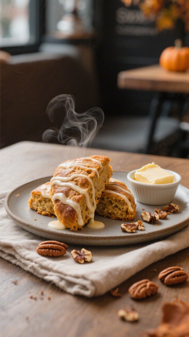 Final plated presentation: bakery-style sourdough pumpkin scones drizzled with glossy vanilla glaze 