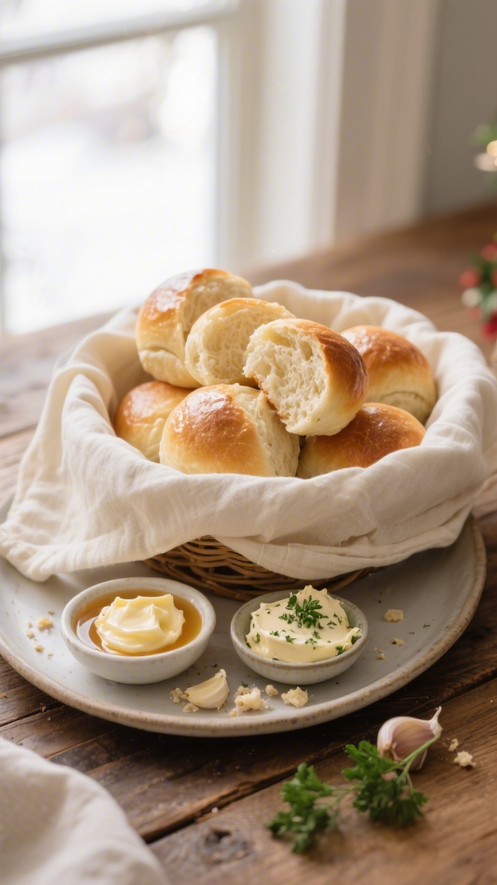 Final plated presentation: basket of same-day soft sourdough dinner rolls wrapped in a cream linen n