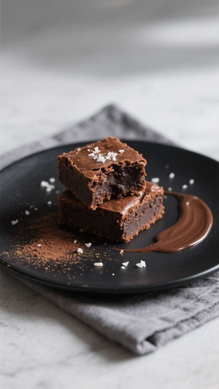 Final plated presentation: Beautifully plated sourdough brownies served as a dessert—two stacked s
