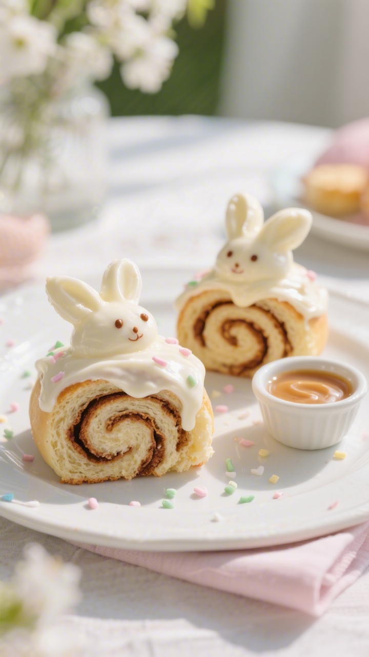 Final plated presentation of two Easter Bunny Cinnamon Rolls on a white stoneware plate: thick, glos