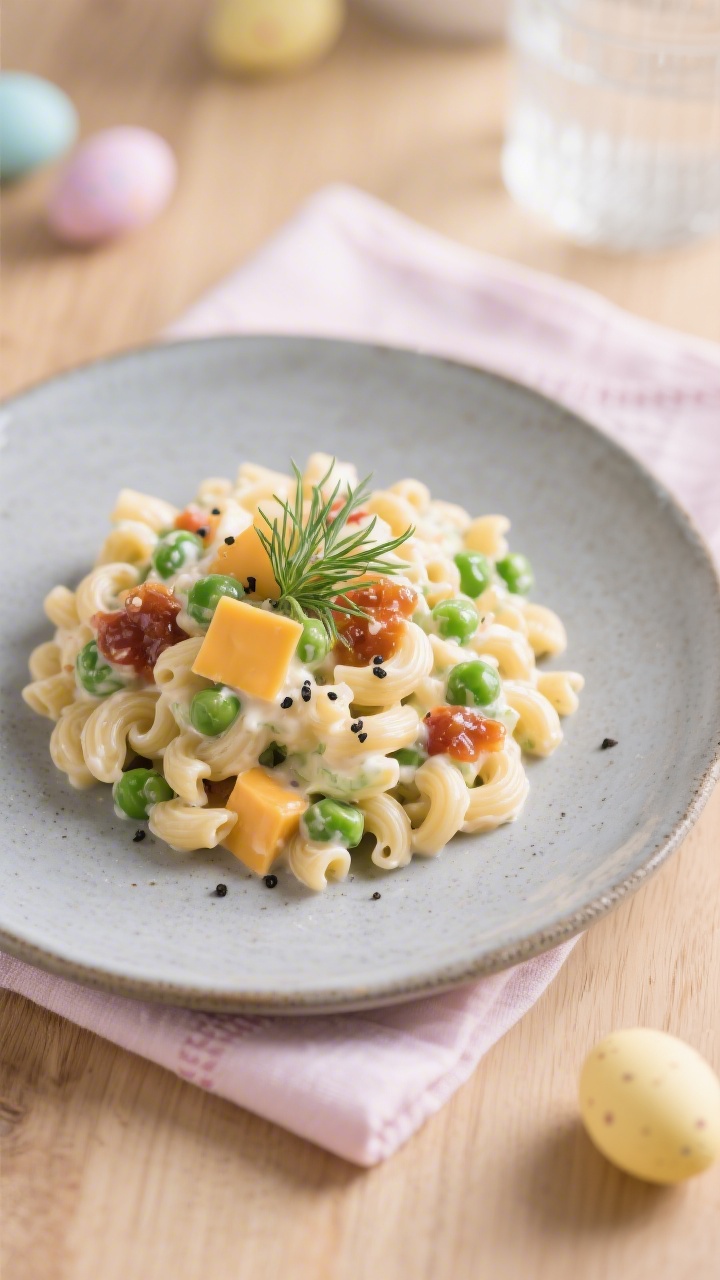 Final plated presentation: Restaurant‑quality individual serving of Easter macaroni salad on a coo