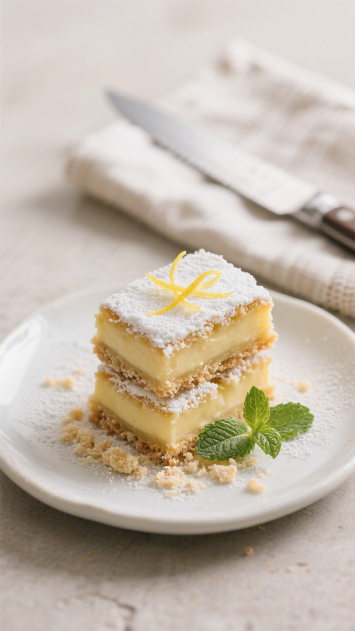 Final plated presentation: Restaurant-quality plating of two lemon bars stacked slightly askew on a 