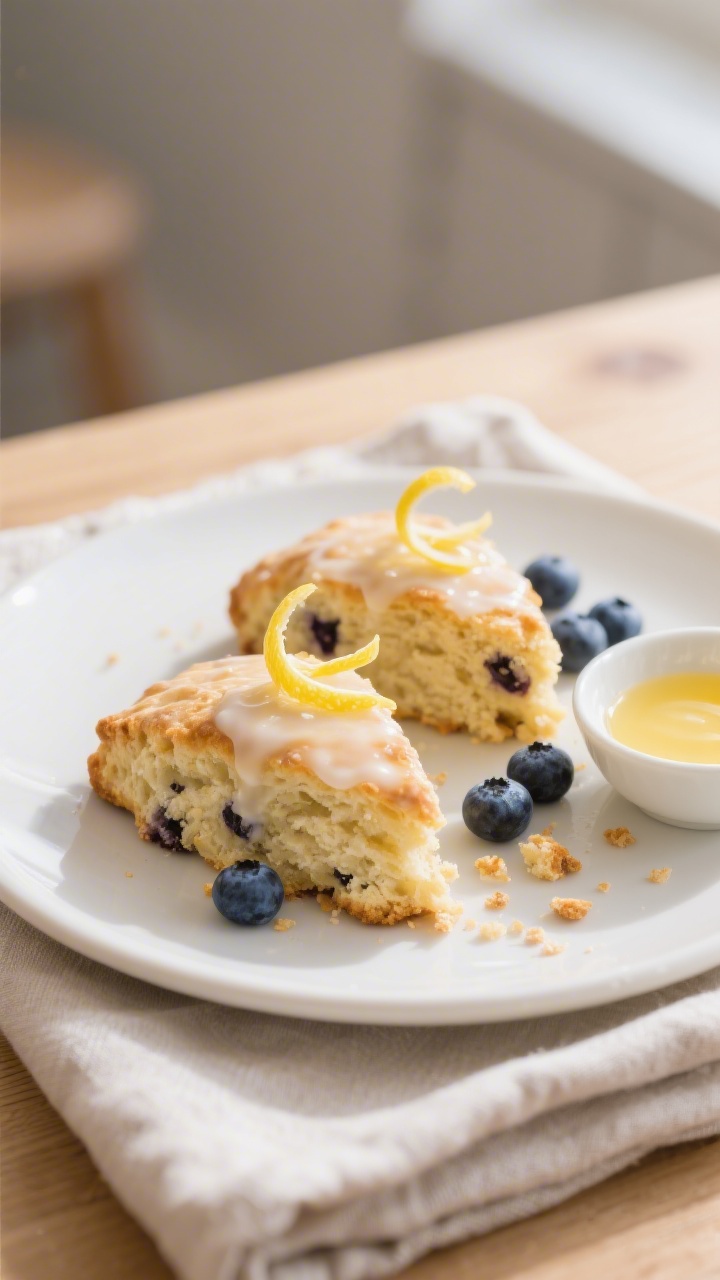 Final plated presentation: two blueberry lemon scones on a matte white plate, glaze set to a thin sh