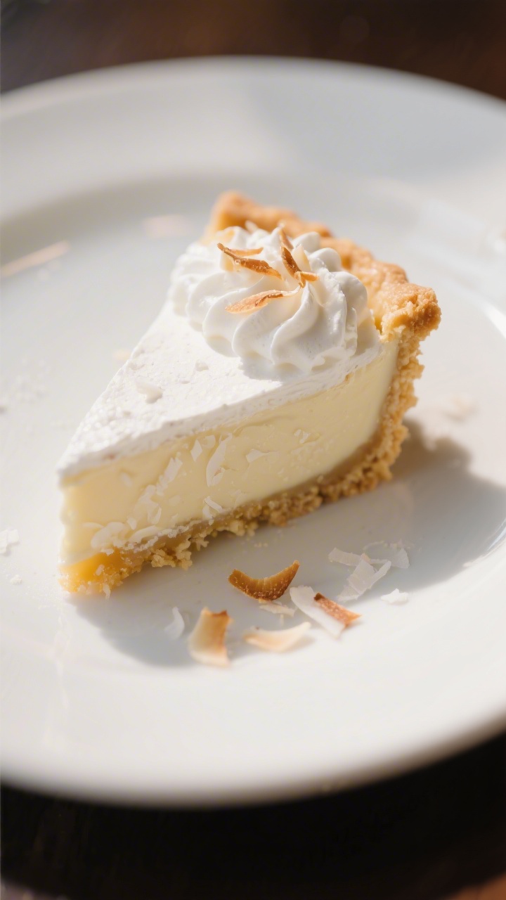 Final plated slice portrait: Close-up of a single slice of coconut cream pie on a white dessert plat