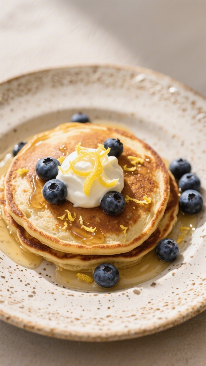 Final plated variation: Blueberry Lemon sourdough pancakes plated in a casual weekend style on a spe