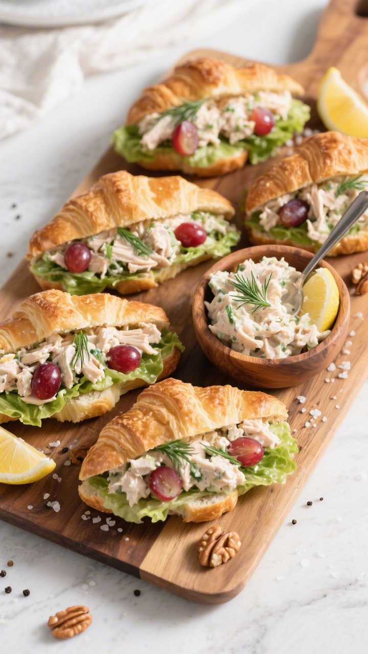 Final platter presentation: of a party-style board with 4–6 chicken salad croissant sandwiches arr