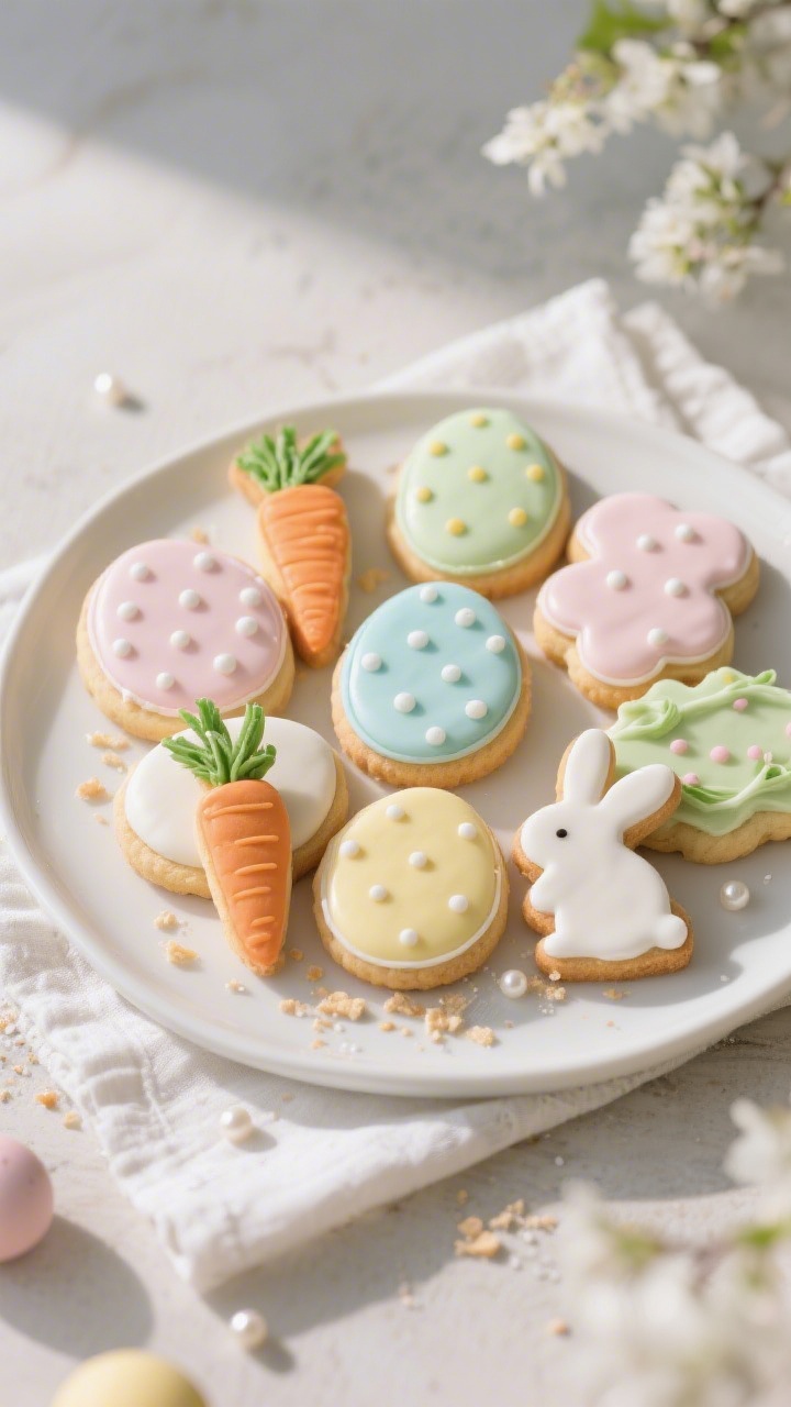 Final presentation: Beautifully plated assortment of Easter sugar cookies on a matte white platter; 