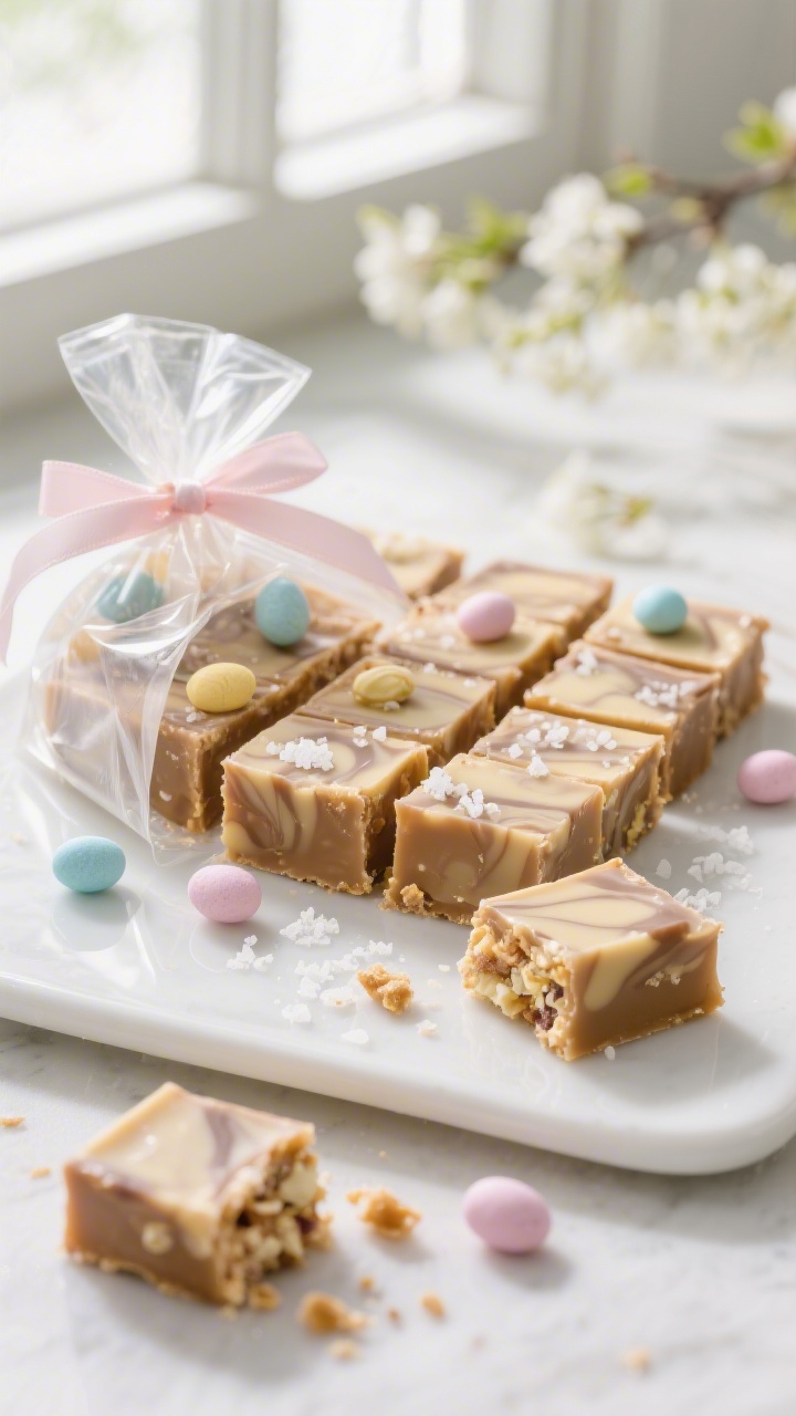 Final presentation beauty shot: Neat slices of Easter Fudge (25–36 bite-size squares) with clean, 