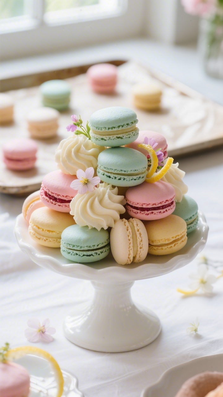 Final presentation beauty shot of a spring brunch setting: a low-angle, close-up of a white pedestal