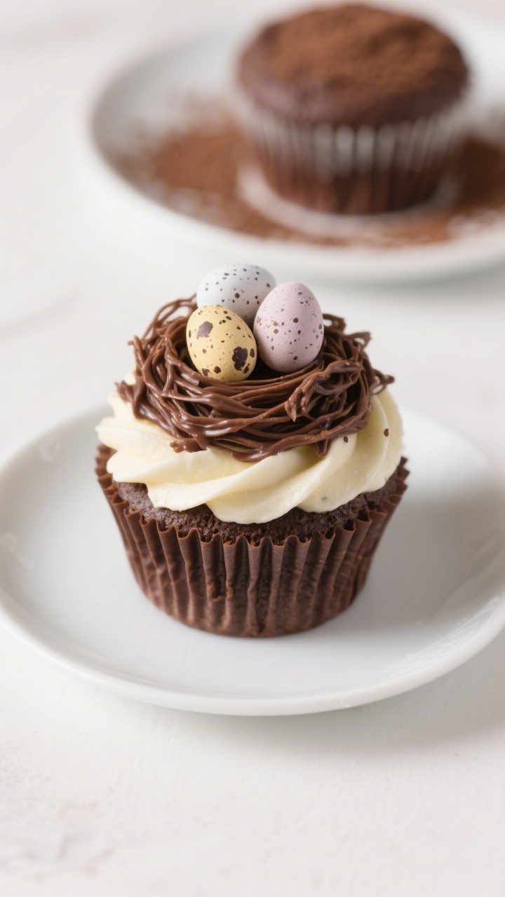 Final presentation beauty shot: Single cupcake hero close-up on a small white plate, the chocolate n