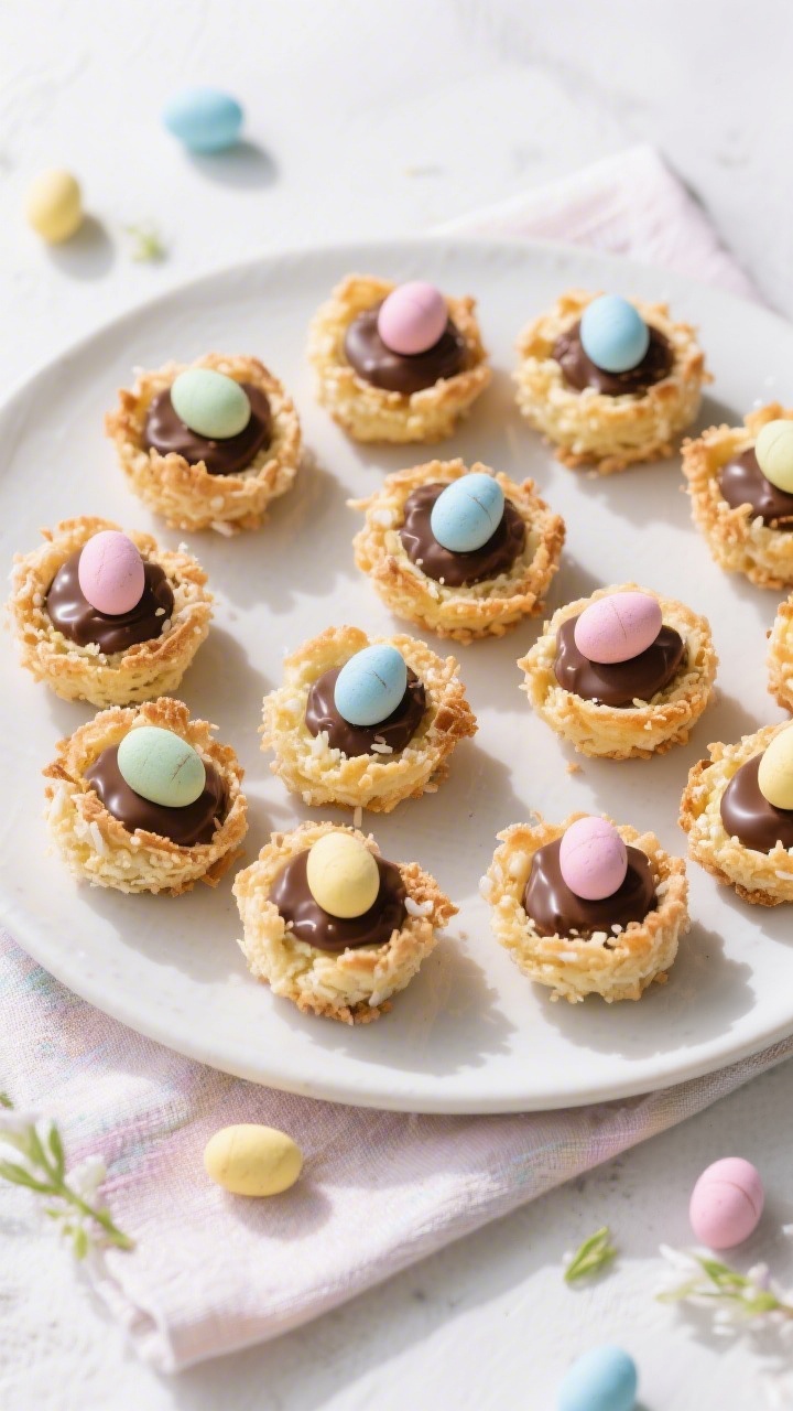 Final presentation overhead: A platter of finished Coconut Macaroon Nests topped with 2–3 pastel m