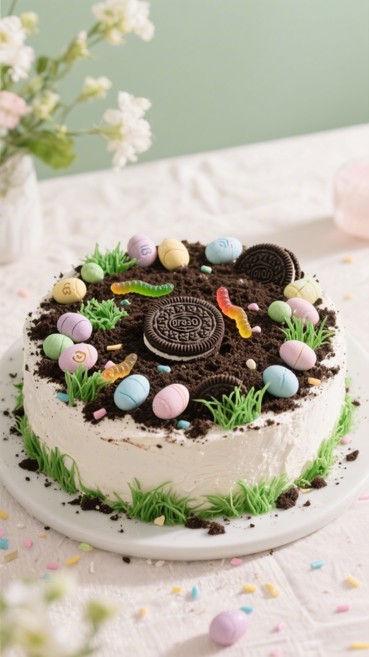 Final presentation: Tasty top view of the chilled Easter Dirt Cake decorated for serving—an even b