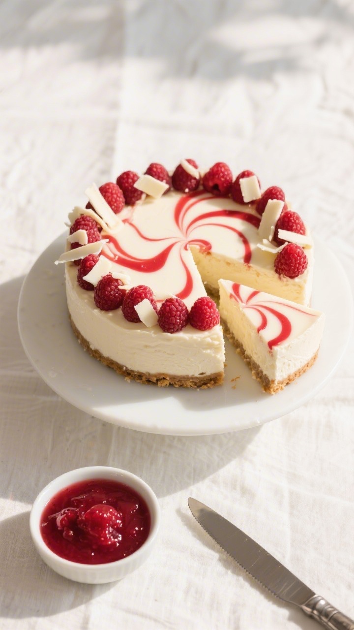 Final presentation top-down: Tasty overhead shot of the fully chilled White Chocolate Raspberry Chee