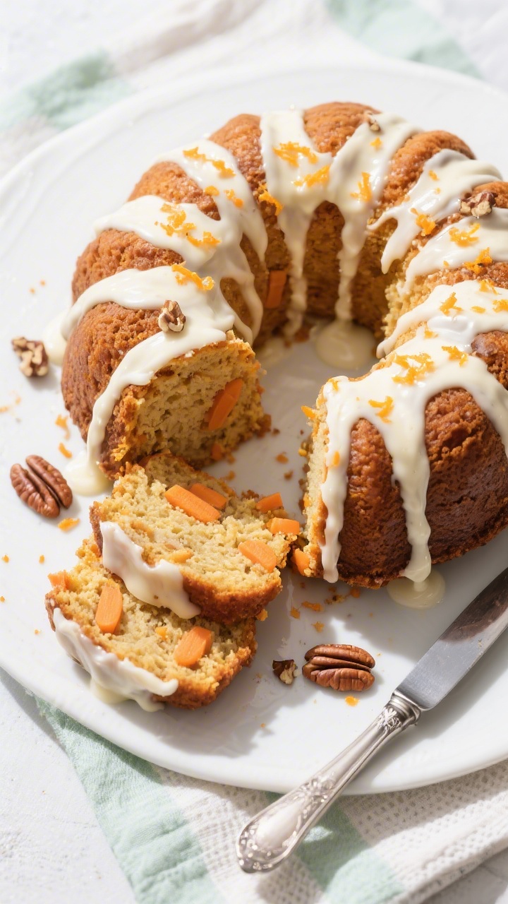 Final presentation, top-down: Tasty top view of the fully cooled and set carrot Bundt cake on a whit