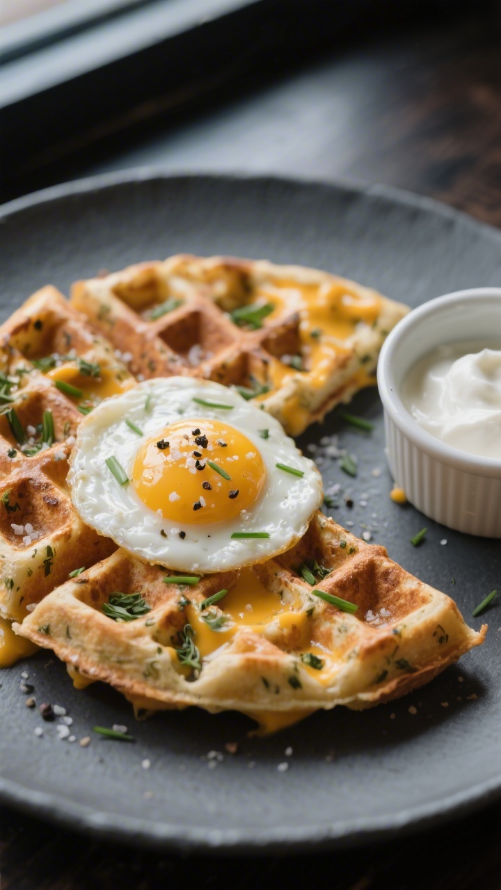 Final savory presentation: Restaurant-quality plate of savory herb and cheddar sourdough waffles, qu