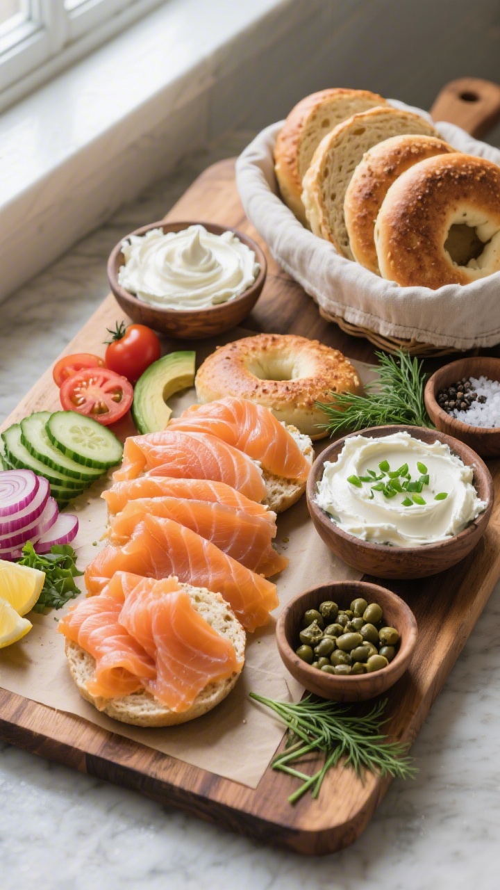 Overhead shot of a fully assembled smoked salmon bagel board, everything ready to serve: folded ribb