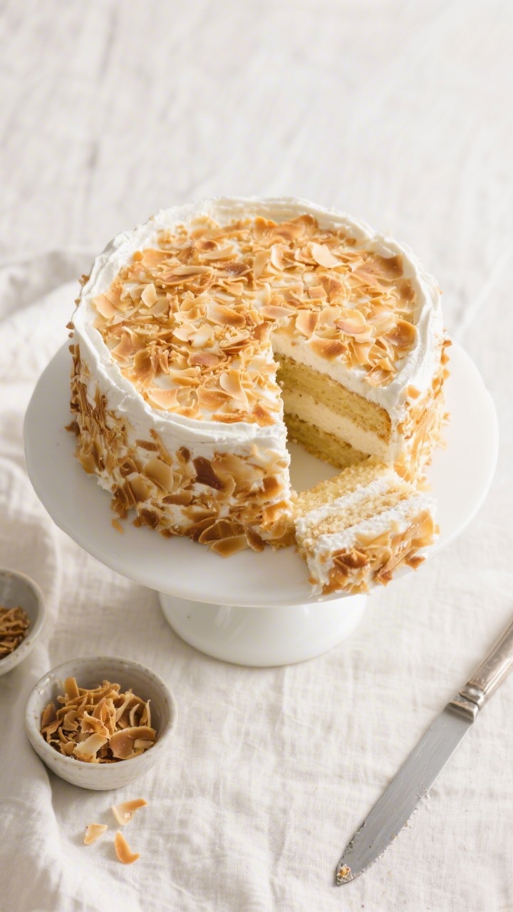 Overhead shot of the assembled Coconut Cream Cake on a white pedestal, top fully carpeted with evenl