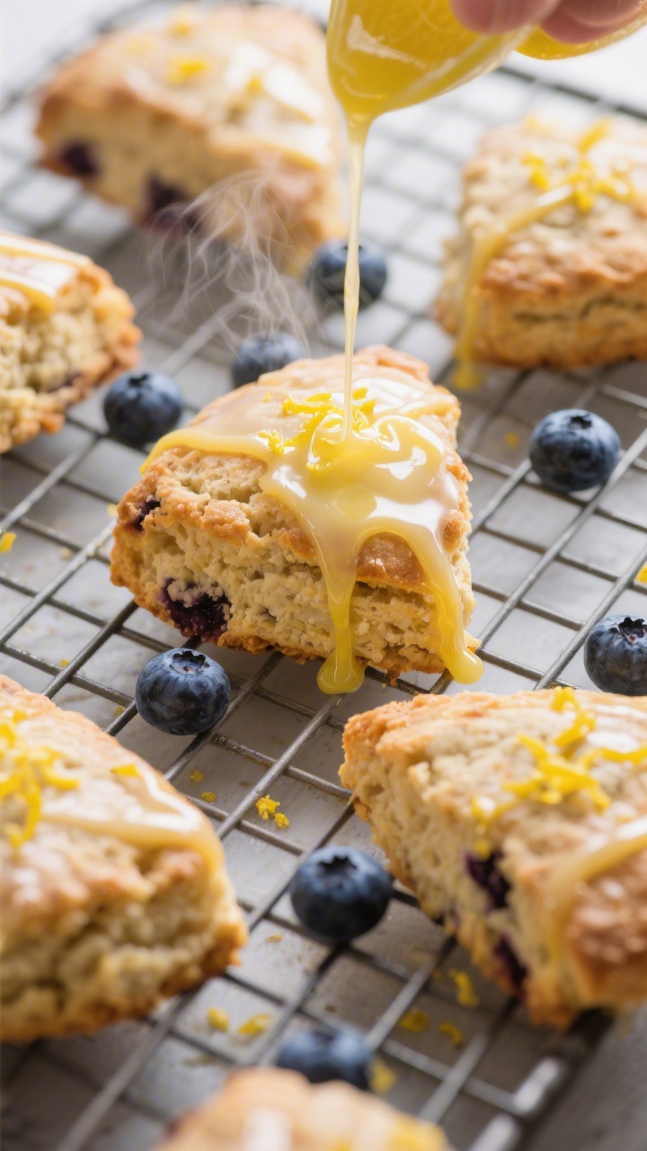 Overhead shot of warm blueberry lemon scones on a cooling rack being drizzled with glossy lemon glaz