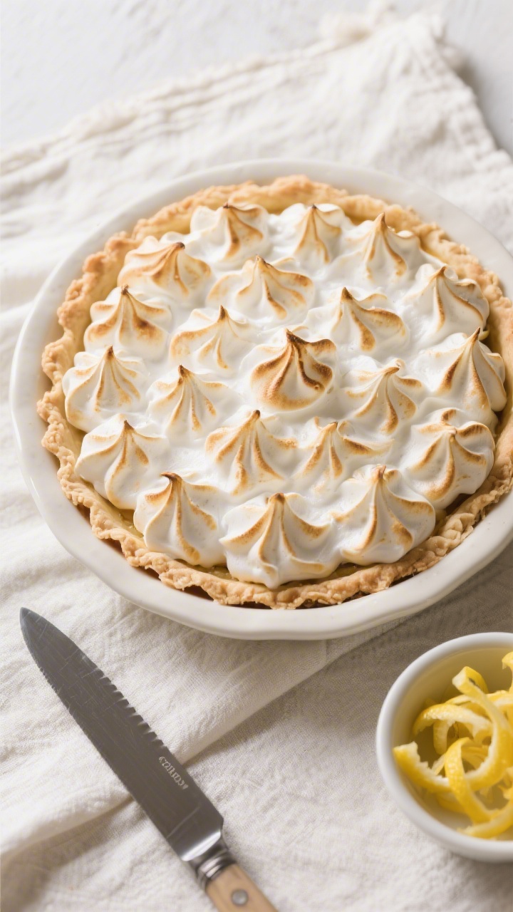 Overhead “tasty top view”: Freshly baked lemon meringue pie in a 9-inch ceramic pie dish, mering