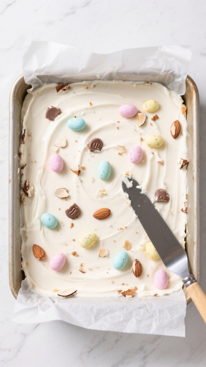 Overhead tasty top view: Freshly spread Easter Fudge in an 8-inch parchment-lined square pan, surfac
