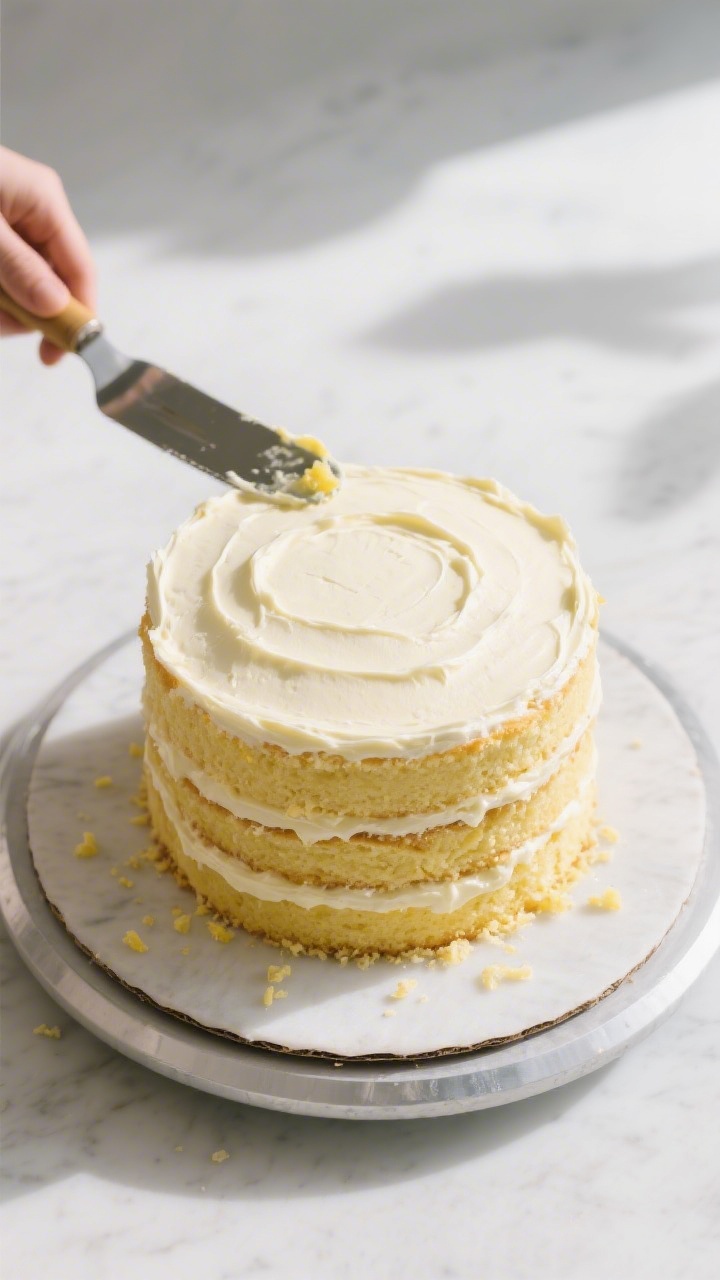 Overhead tasty top view: Neatly stacked three-layer lemon cake mid-assembly on a turntable, an even 