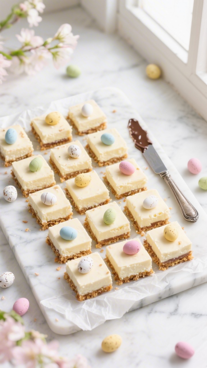 Overhead “tasty top view” of a neatly sliced platter of Mini Egg Cheesecake Bars arranged in a g