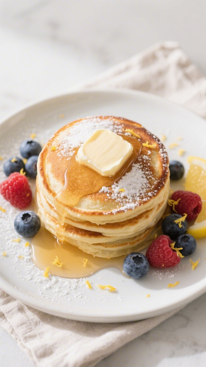 Overhead “tasty top view” of a stacked plate of Lemon Ricotta Pancakes on a matte white plate, d
