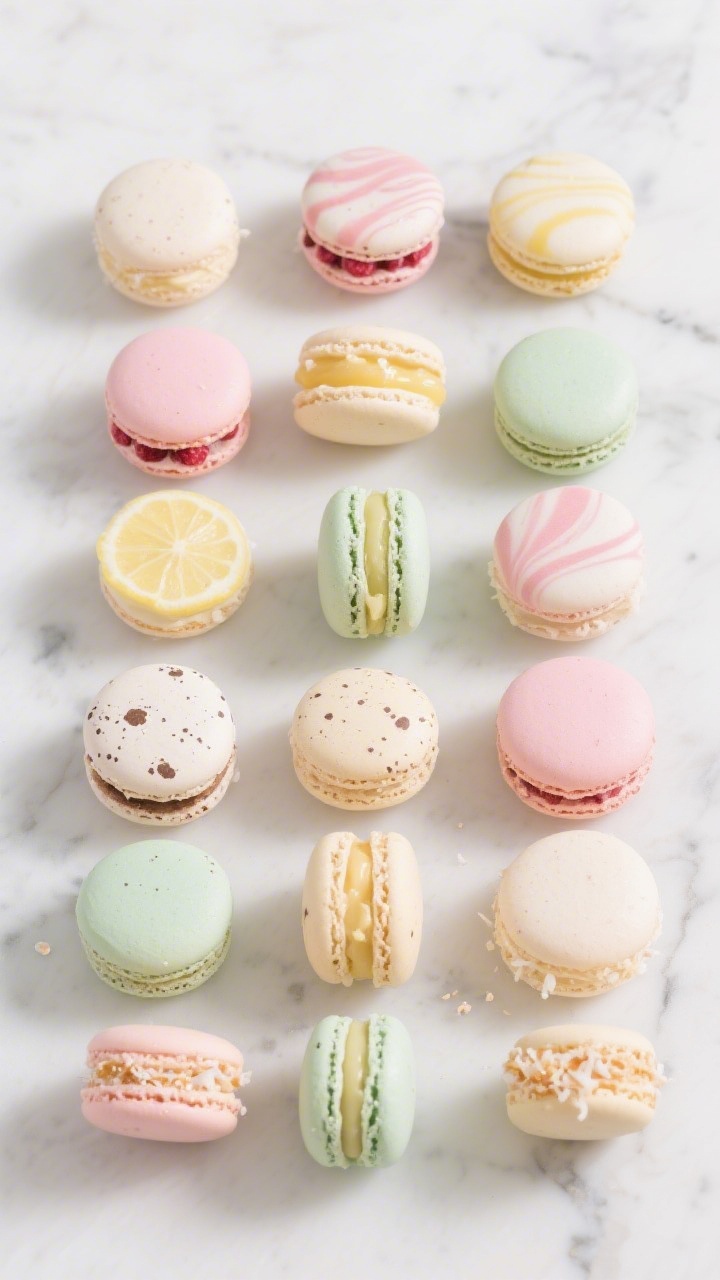 Overhead “tasty top view” of an assortment of assembled pastel Easter macarons arranged in a nea