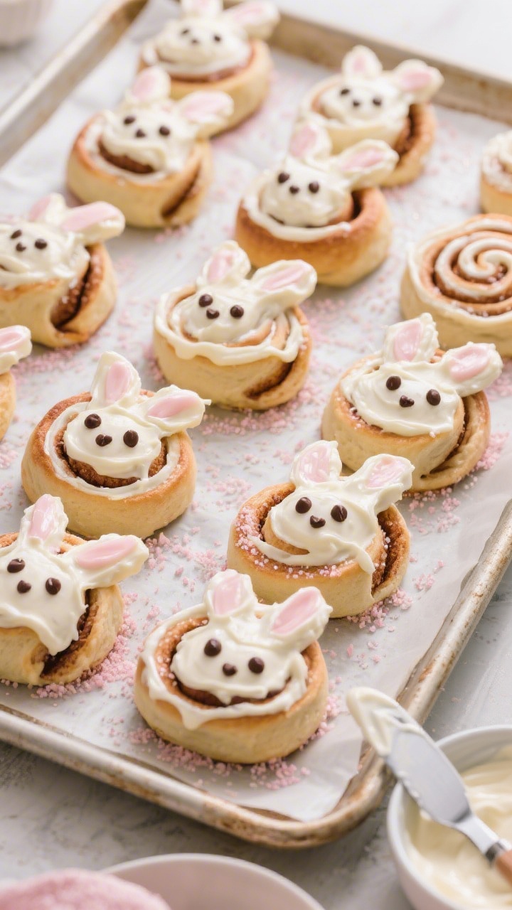 Overhead “tasty top view” of frosted Easter Bunny Cinnamon Rolls on a parchment-lined baking she