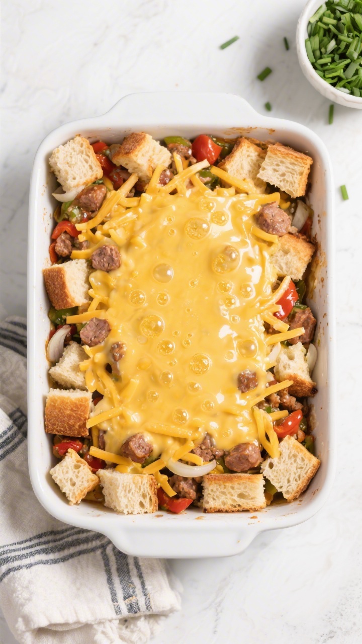 Overhead “tasty top view” of the assembled casserole just before baking: 9x13 dish layered with 