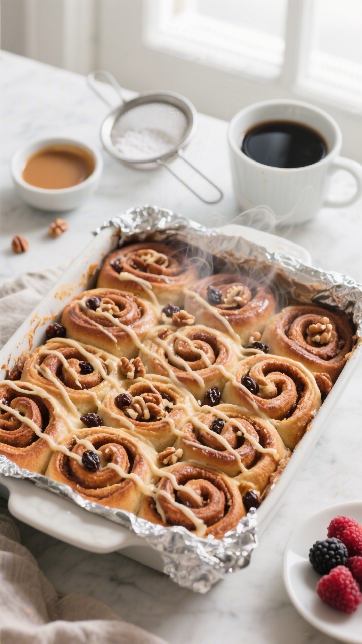 Overhead “tasty top view” of the cinnamon roll casserole just out of the oven, tented-foil remov
