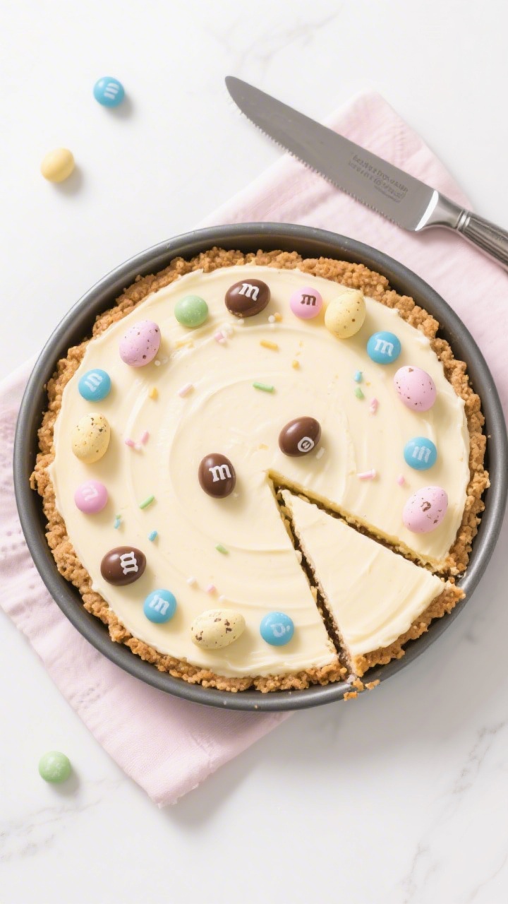 Overhead “tasty top view” of the fully set No Bake Easter Cheesecake before slicing: smooth, lev