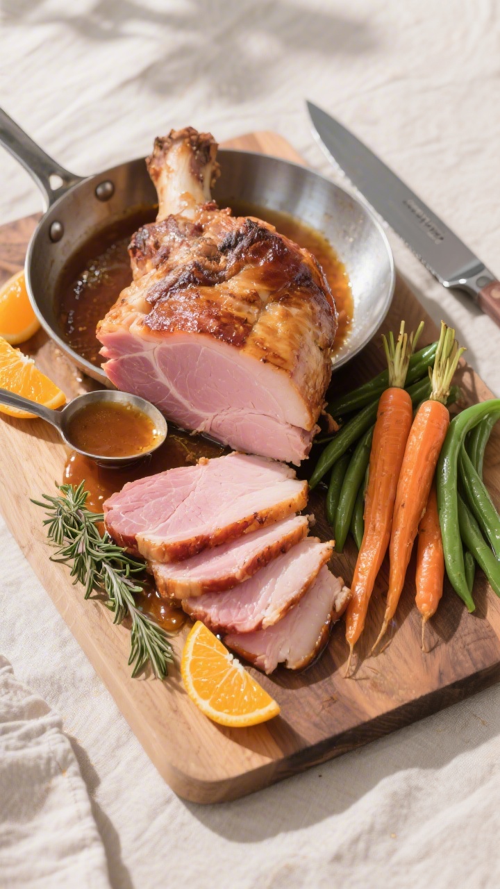 Overhead “tasty top view” of the resting ham on a carving board, partially sliced along the bone