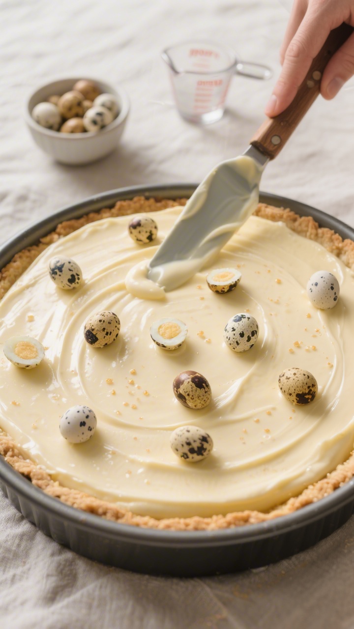 Process-action shot focused on the “pour and top” stage: cheesecake batter spread evenly over th