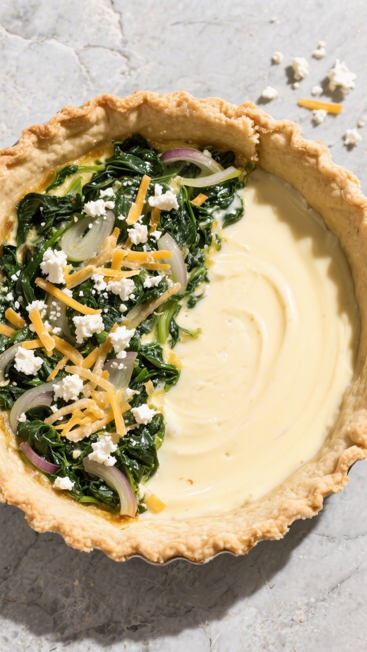 Tasty top view (assembly): Overhead shot of a blind-baked, lightly golden 9-inch pie crust filled wi