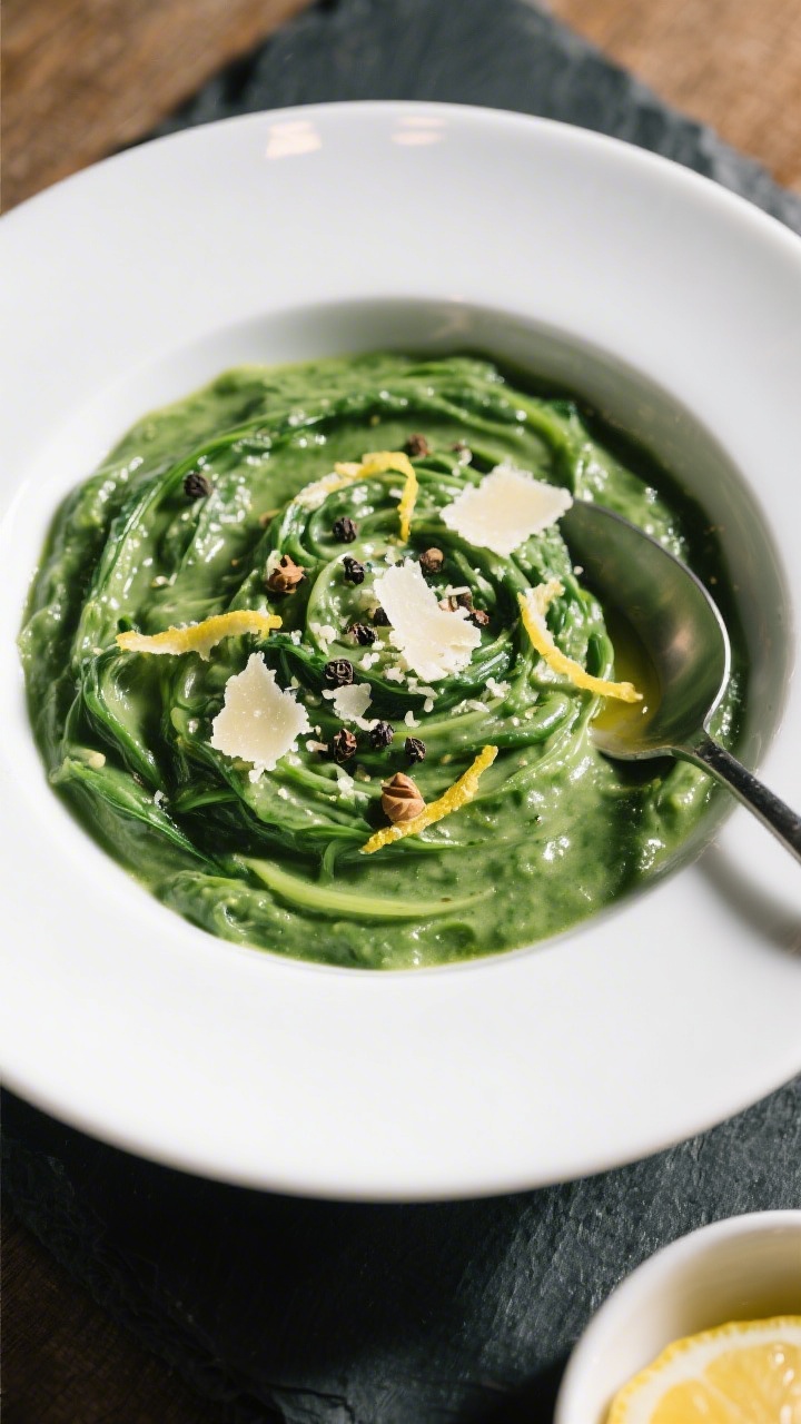 Tasty top-view final presentation: overhead shot of creamed spinach served in a shallow white bowl, 