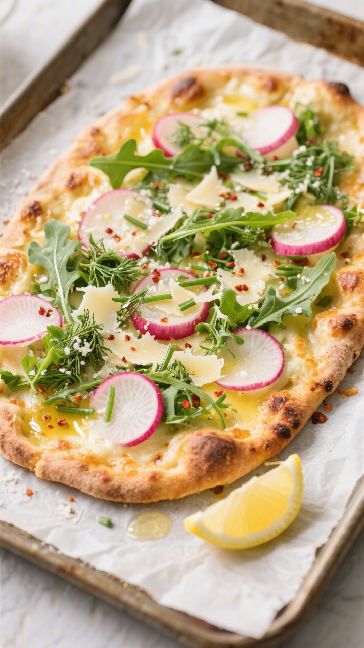 Tasty top view, overhead: Final baked Spring Veggie Flatbread on a parchment-lined sheet, edges deep